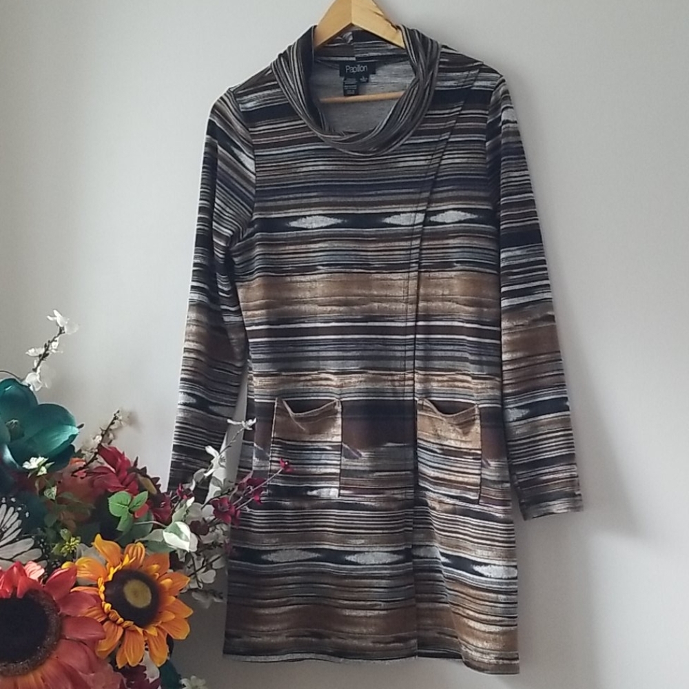 Papillion soft knit cowl neck striped dress Lg
